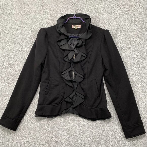 Papillon Jacket Women's Size Medium Black Full Zip Front Ruffles Long Sleeve - Picture 1 of 10
